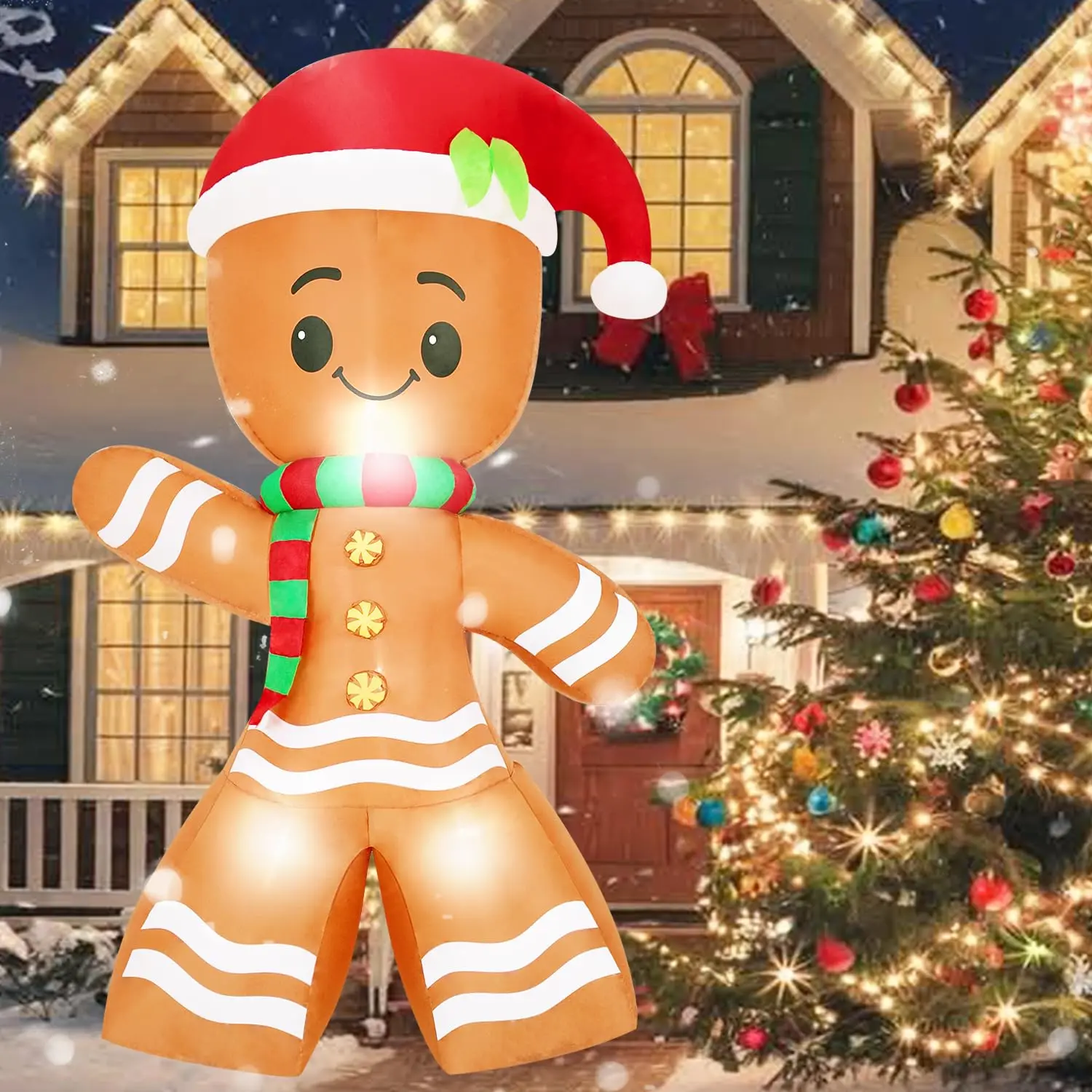 8 Ft Polyester Christmas Inflatable Gingerbread Man Decoration - Outdoor Festive Decor with LED Lights, Funny Design, Hat Accessory, for Lawn, Garden Xmas Spirit Enhancer