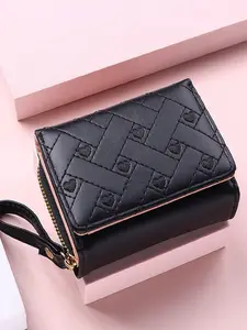 Stitch Detail Heart Embroidered Tri-Fold PU Mini Wallet - Lightweight Multi-Layer with Zipper, Credit/Cash/ID Holder, Modern Business & Back-to-School Gift for Women