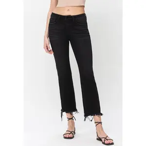 Mid Rise Raw Distressed Hem Crop Flare Jeans