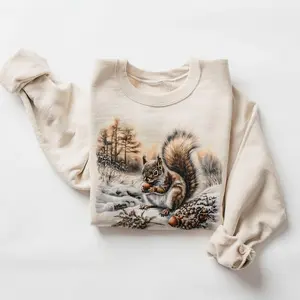 Retro Squirrel With Acorns Winter Forest Scene Sweatshirt 90s Vintage Cute Animals Outfit - Boho Unisex Cotton