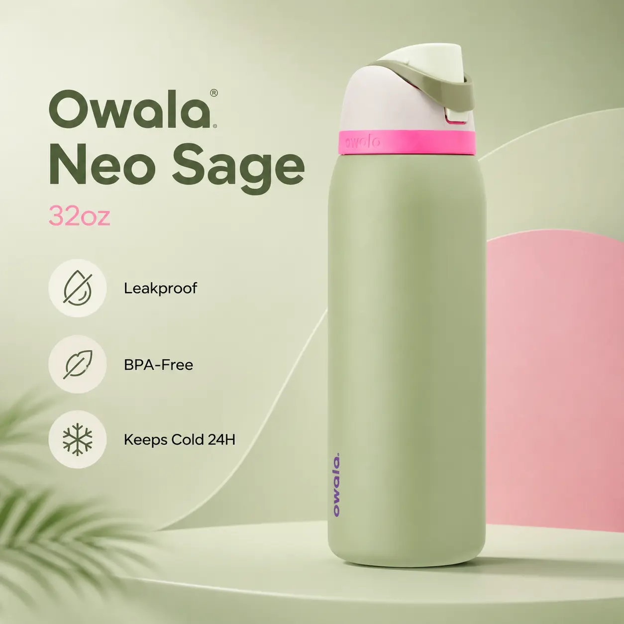 Owala FreeSip 32oz Water Bottle, Sage Green Pink Lid, Leakproof Insulated Stainless Steel Bottle with Straw