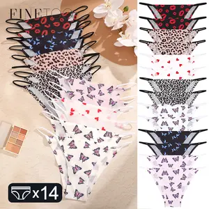 FINETOO 14pcs Women's Cute Low Rise Thin Strap Design Breathable Panties Bikini Perfect Cutting Seamless butterfly Leopard-rint  Heart design Lingerie