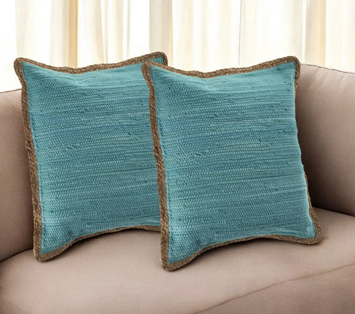 Ruffles Textured Artisan Vibe Handwoven Cotton-Jute Turquoise Throw Pillows - Set of 2, Zippered Removable Cover & Removable Cushions, Comfy Cushions, Standard Size