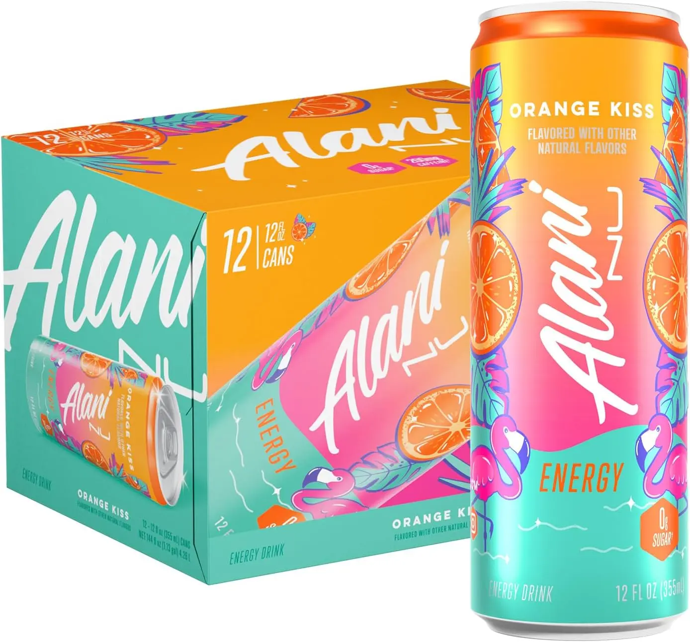 12 Pack- Alani Nu ORANGE KISS, Sugar Free, Low Calorie Energy Drinks, 200mg Caffeine, Biotin, B Vitamins, Zero Sugar, 10 Calories, 12 Fl Oz Cans