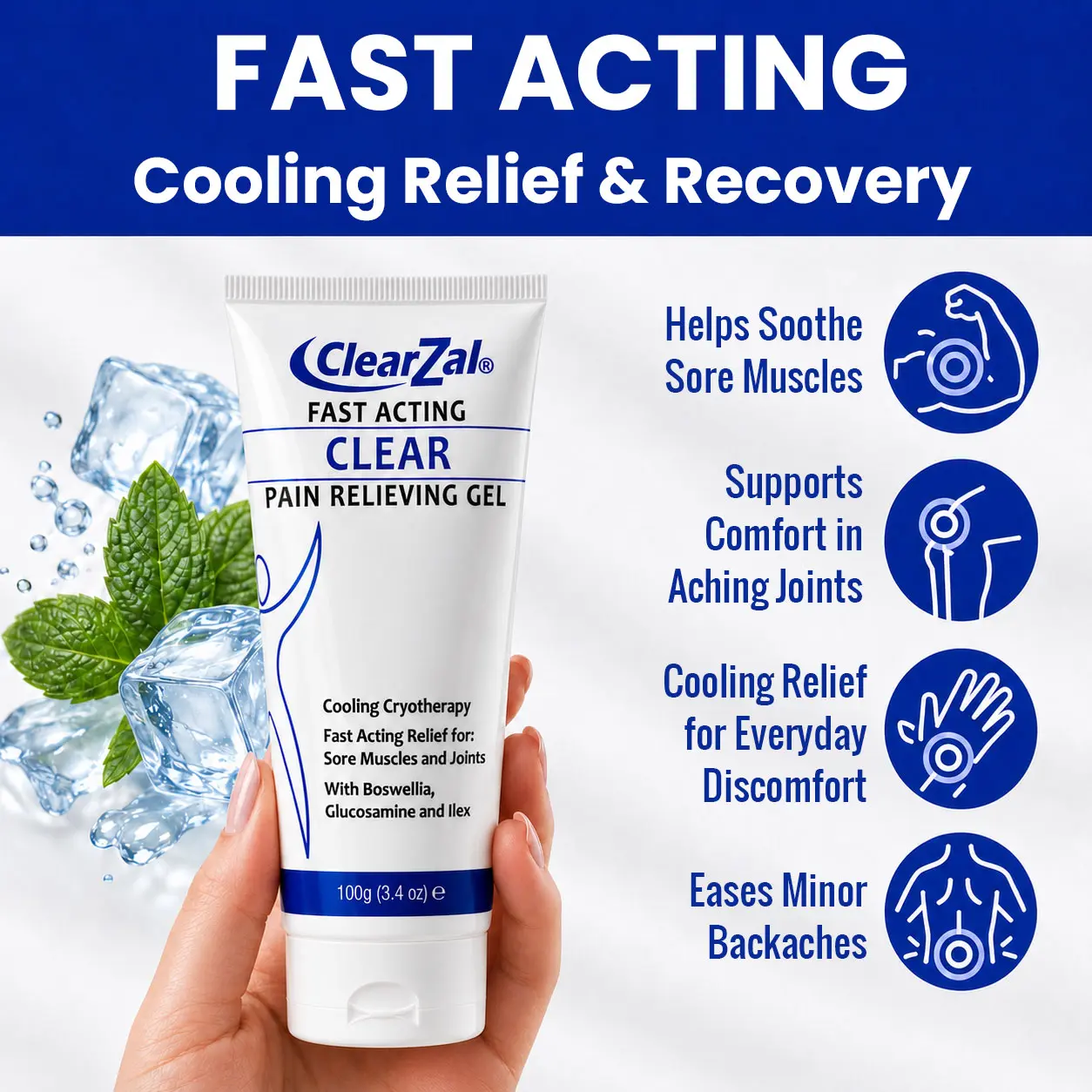 Clearzal  Soothing Cooling Gel 100g,  Relieving Body Gel, Cooling with Menthol and Frankincense, Cooling Massage Gel Cool and relax muscles, joints, waist, knees, shoulders and neck, and eliminate swelling [TAP]