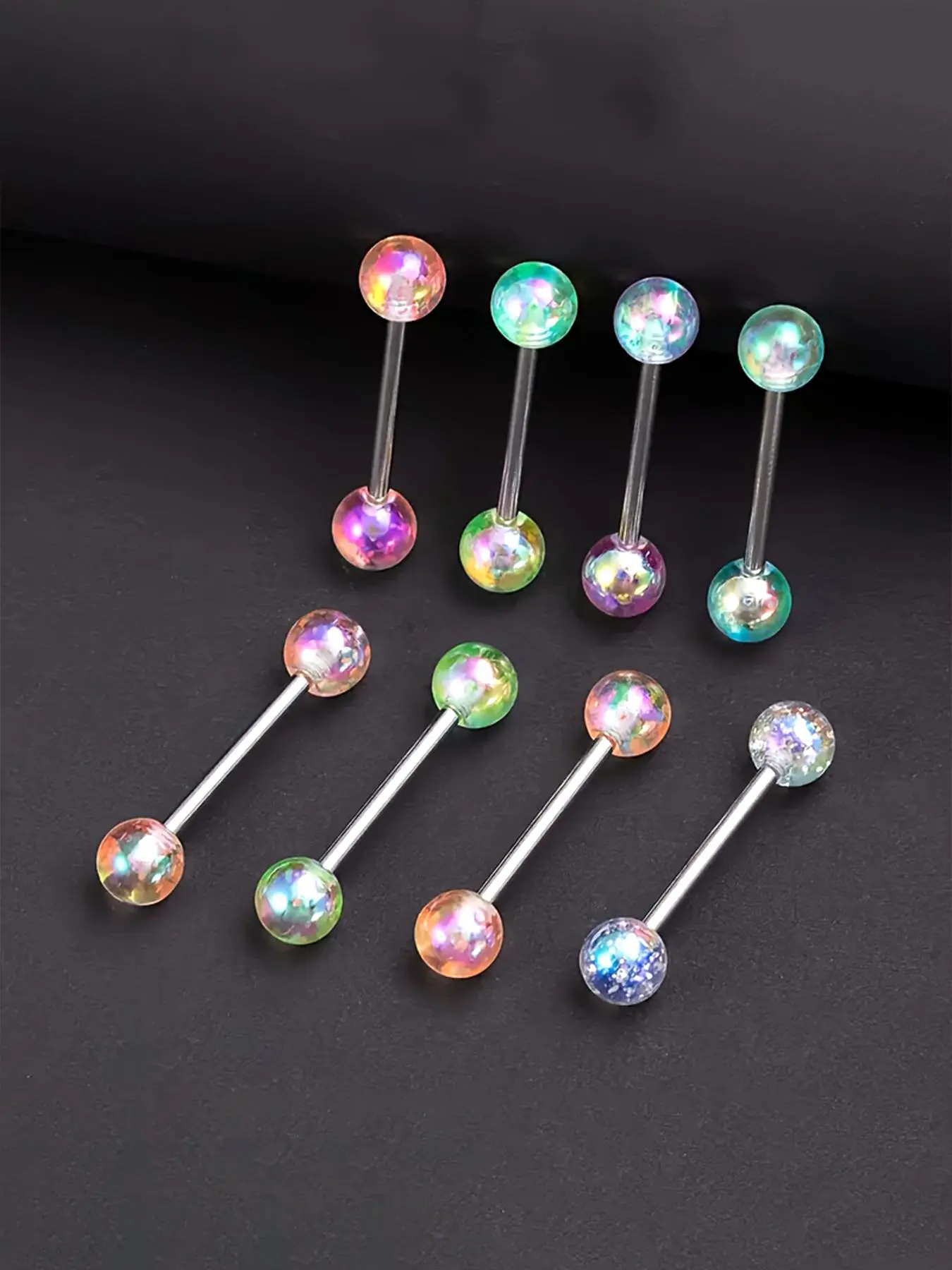 Colorful Ball Shaped Acrylic Tongue Ring Set, 8 Counts Simple Stainless Steel Body Piercing Jewelry Set, Fashion Accessories for Women & Men, Bernay Tongue Ring, Mouth Jewelry