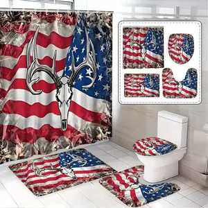 Camouflage & Stars Shower Curtain Set, Bathroom Decor with Bath Mat, Toilet Lid Cover, U-Shaped Tray, Perfect Gift for Home Decoration