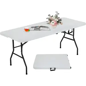 6FT Folding Table, Heavy Duty Plastic Table Portable Fold-in-Half Utility Table Indoor Outdoor Picnic Table w/Handle & Lock for Camping BBQ Party Wedding Market Events, 500LBS