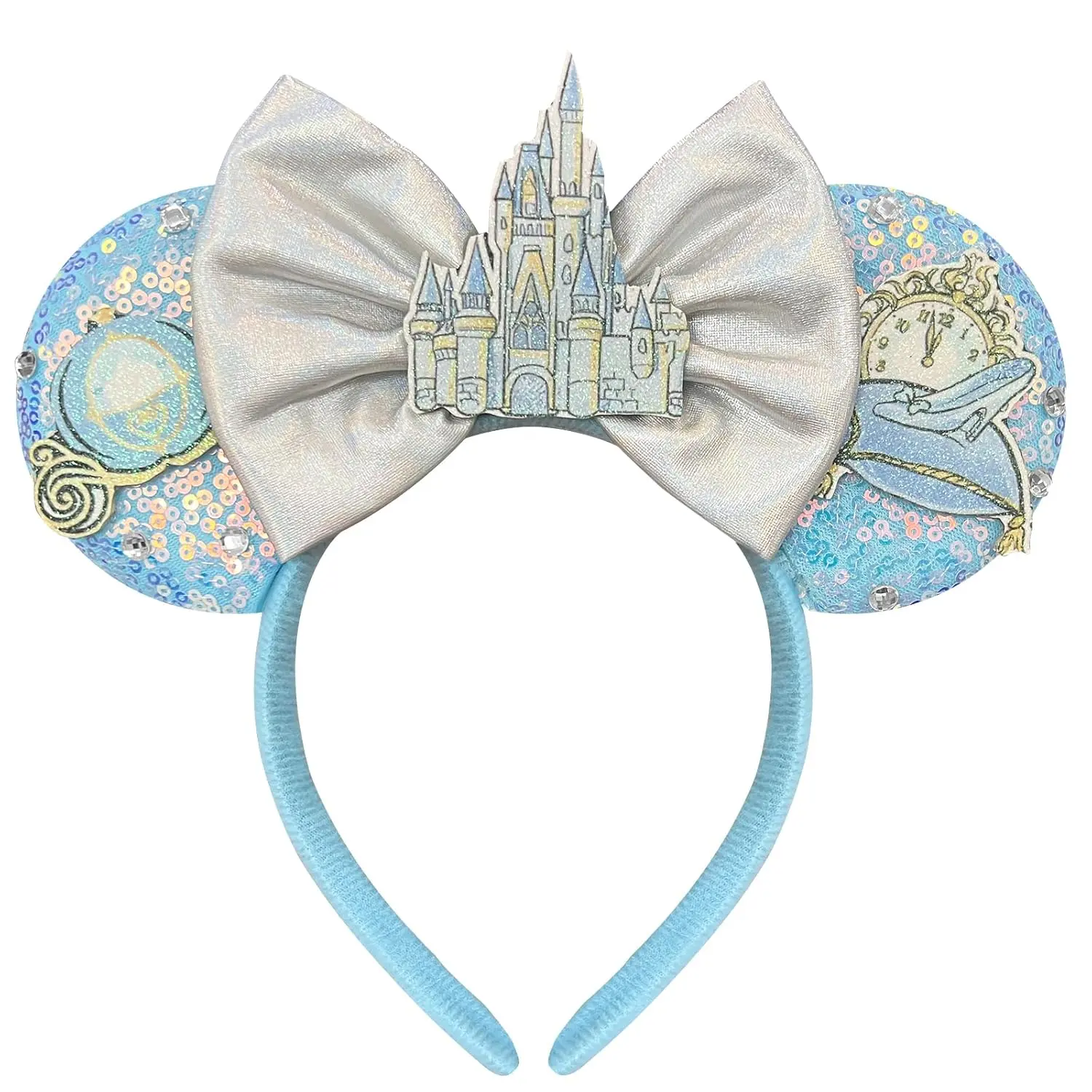 SQ-HDW183 Hairband for Women Adult Blue Sequin Mouse Ears Headband with Castle Bows for Park Ears