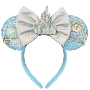 SQ-HDW183 Hairband for Women Adult Blue Sequin Mouse Ears Headband with Castle Bows for Park Ears
