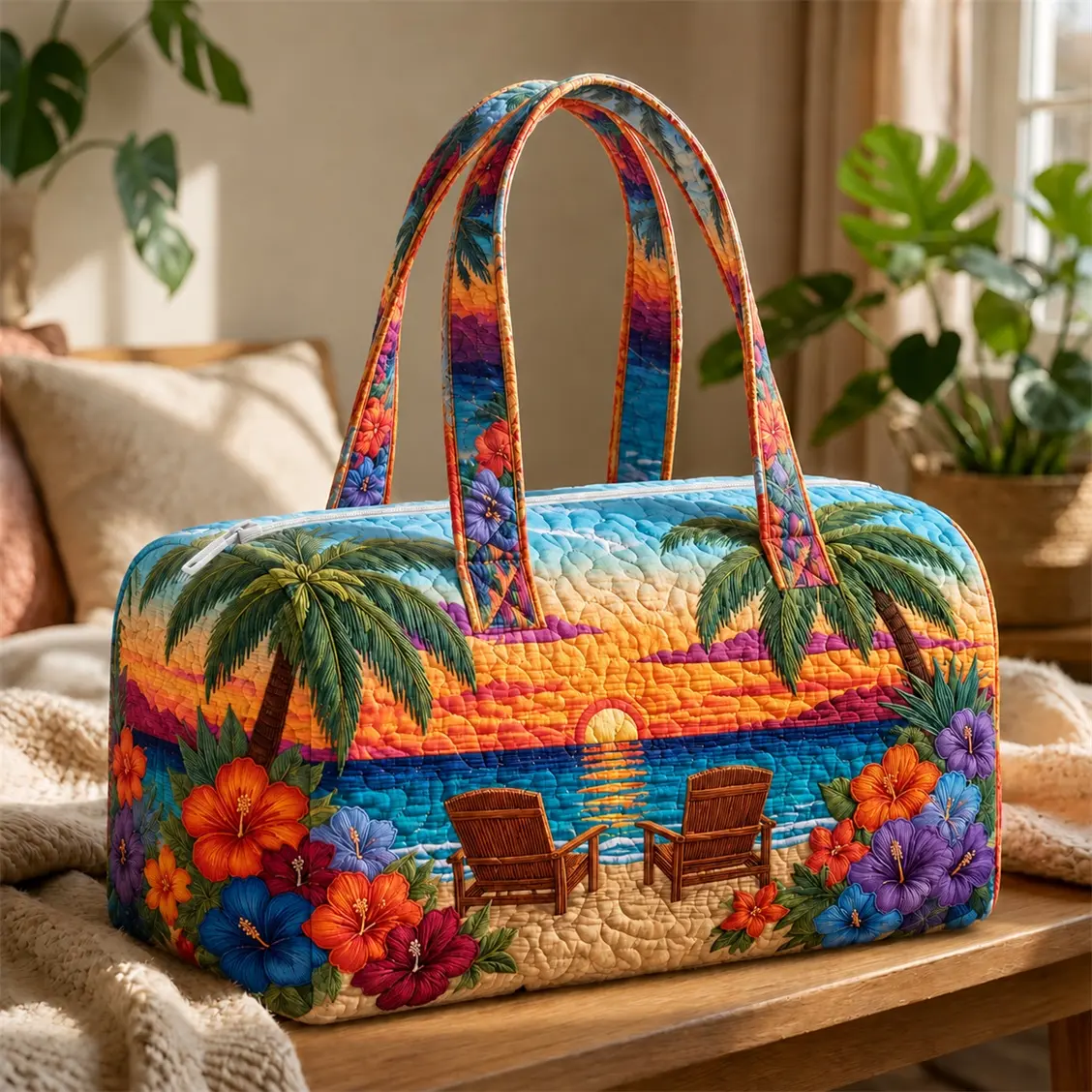Quilted Duffle Bag for Women, Tropical Sunset Print Cotton-Poly Weekender Tote, Large Wave Stitch Travel Duffel with Zipper for Vacation & Gym, Festive, Dual-Use Travel Bags, Travel Bag Kit