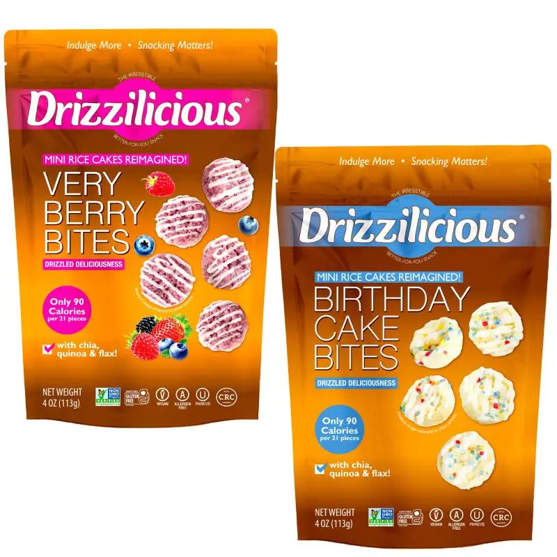 Drizzilicious Very Berry & Birthday Cake Flavors Mini Rice Cakes Duo Pack - Vegan Gluten-Free Non-GMO Allergen-Free Crunchy Snack 4 oz Bags Pack of 2