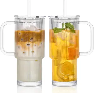 17oz Ribbed Glass Tumbler with Handle, Lid & Straw – Reusable Iced Coffee Cup for Home, Office & Outdoor, Spill-Resistant, Perfect for Cold Coffee, Smoothies, and Daily Drinks – 2 Pack Clear Glass Cups with Lids & Straws