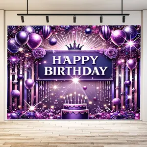 1 Piece Birthday Party Decoration Banner - Purple Pink Theme with Balloons, Cake, Flowers, Crown & Lights, Holiday Celebration Sign, Birthday Party Supplies with Sparkling Stripe Background, Suitable for Kids & Adults Birthday Gifts & Event Decorations