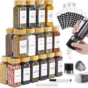Spice Jars, 24 Pcs 4oz Seasoning Jars with Label, Glass Jars with Bamboo Lids, Spice Containers Bottles with Pepper Grinder & Stainless Steel Funnel for Seasoning Organizer, Cabinet, Drawer