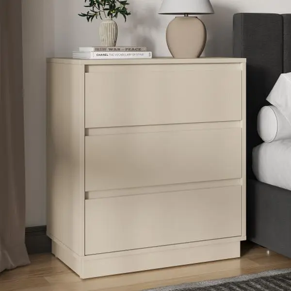 Bellemave 2-Piece Large 3-Drawer Waterproof P2 MDF Wood Dresser Set - Handle-Free Modern Bedroom Nightstand, Wide Bedside Table with Hidden Slides, Silent Slides, Space-Saving Pull-Out System, 150 lbs Storage Chest (Beige), Tsca