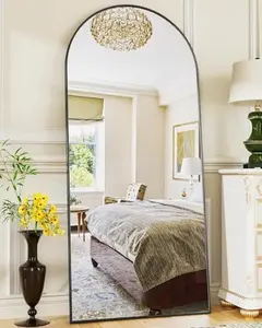 Antok 64"x21" Arched Full Length Mirror with Stand Floor Free Standing Aluminum Frame for Bedroom Body Hanging Leaning Modern Simple Home Decor Shatter-proorf Nano Glass Wall, Gold/black-Rounded