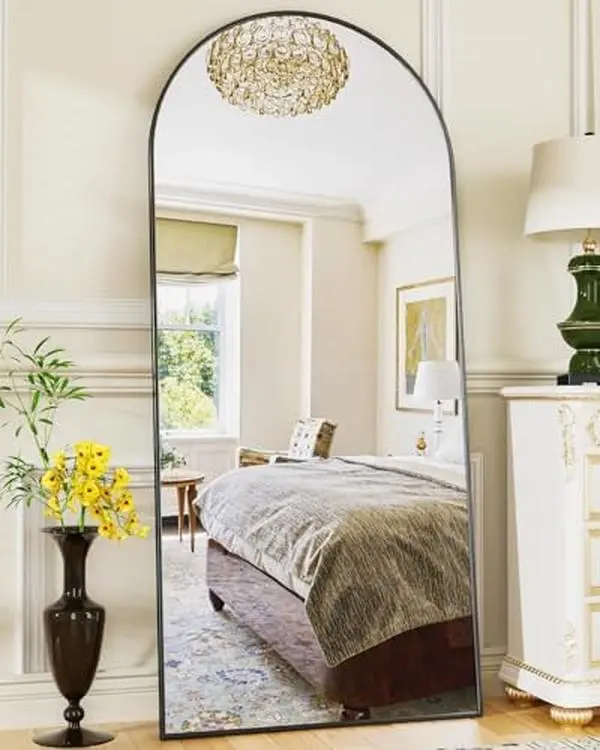 Antok Arched Full Length Mirror with Stand Floor Free Standing Aluminum Frame for Bedroom Body Hanging Leaning Modern Simple Home Decor Shatter-proorf Nano Glass Wall, Gold/black-Rounded