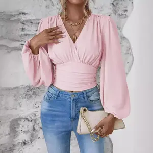 Womens Tops Fall Wrap Blouse V Neck Work Shirt Long Sleeve Dressy Casual Ruched Top Trendy Fashion Outfits