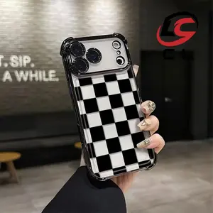 Black checkered four-corner drop-proof TPU phone case for iPhone 17Pro Max air 16 15 14Plus 13 12 11 Simple and stylish camera protection Shockproof Anti-Drop Drop Durable Phone Case