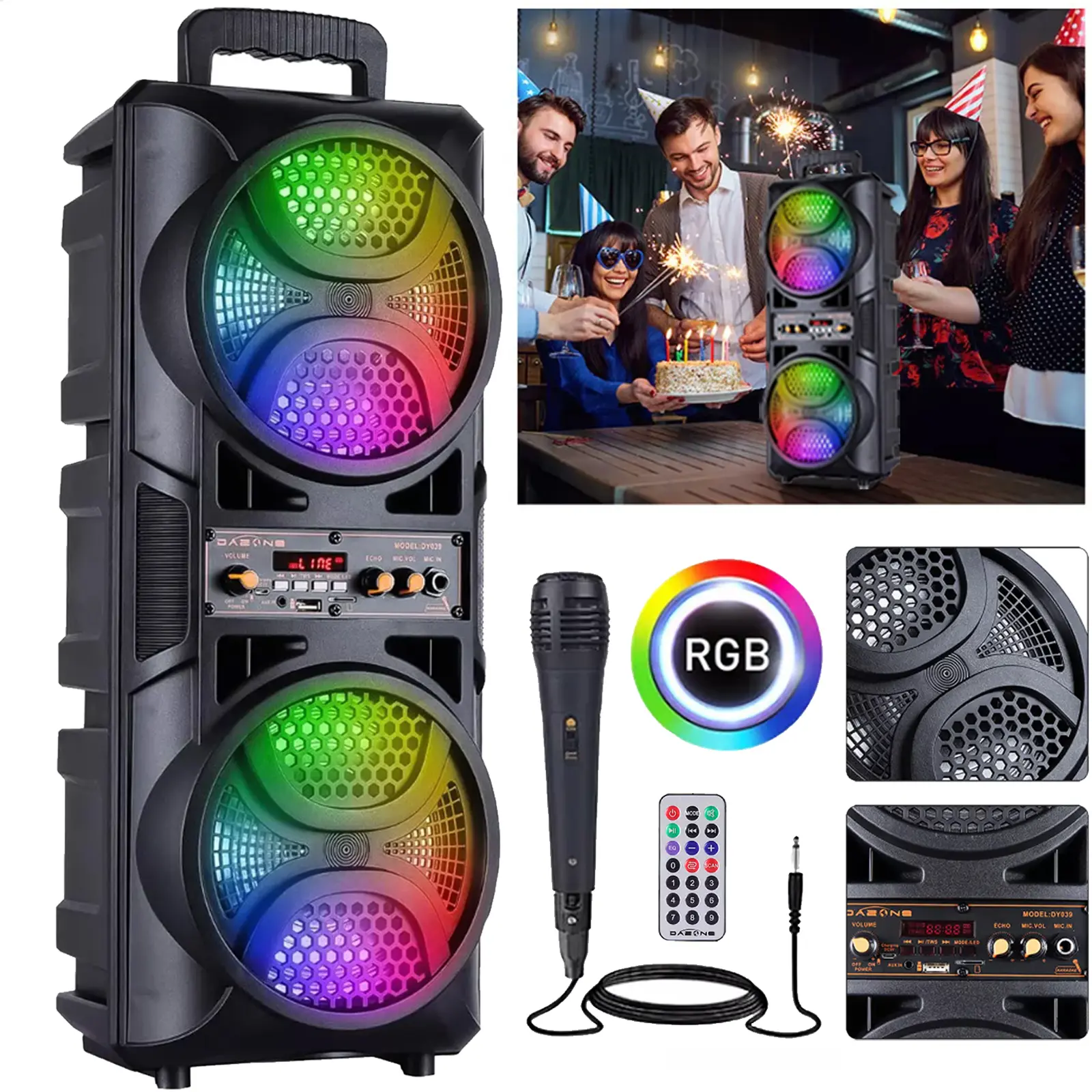 Bluetooth Speakers Portable Wireless Speaker with Double 6.5 inch Subwoofer Heavy Bass,FM Radio, Microphone, Lights, Remote Control TWS Stereo Sound System Speaker Rechargeable speaker speaker bluetooth portable