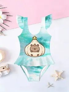 Kapibara Pattern Girls' Jumpsuit Swimsuit, Cute Cartoon Print, Ruffled Quick-Dry Kids Swimwear, Fashionable Beach Party
