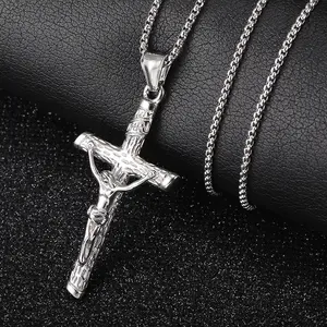 Hermah Jesus Christ Crucifix Cross Pendant Necklace Silver 16"-30" Box Chain Female Male Birthday Daily Jewelry