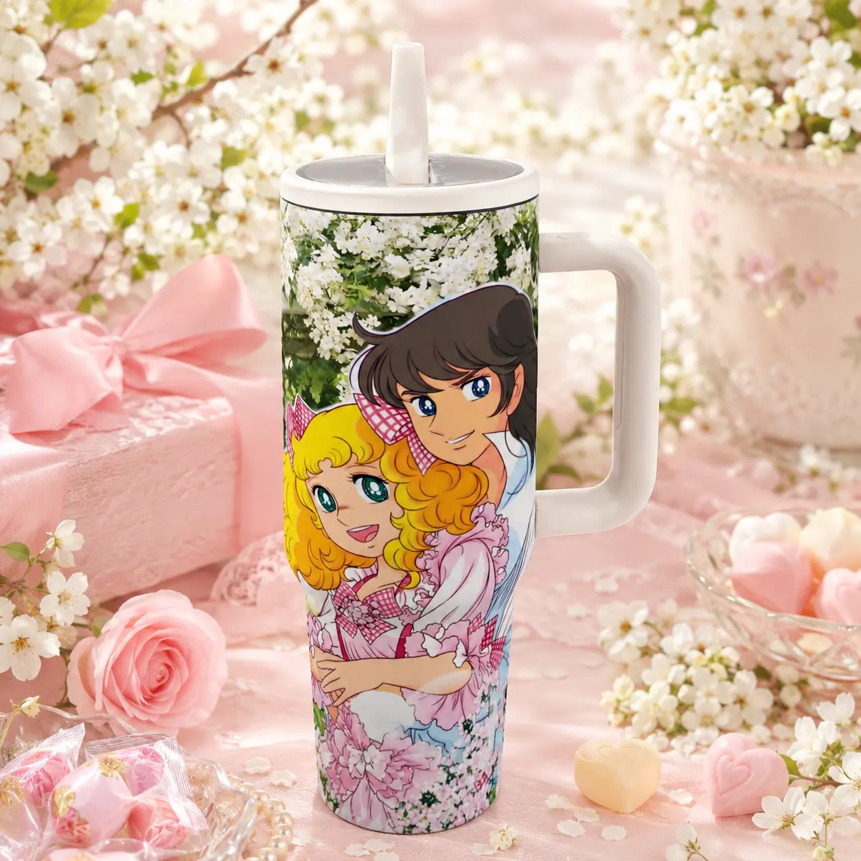 40oz CandyCandy Tumbler with Lid and Straw, Leak-Proof Travel Mug with Handle, Kawaii Retro Anime Cup for Commute Travel Outdoor Office