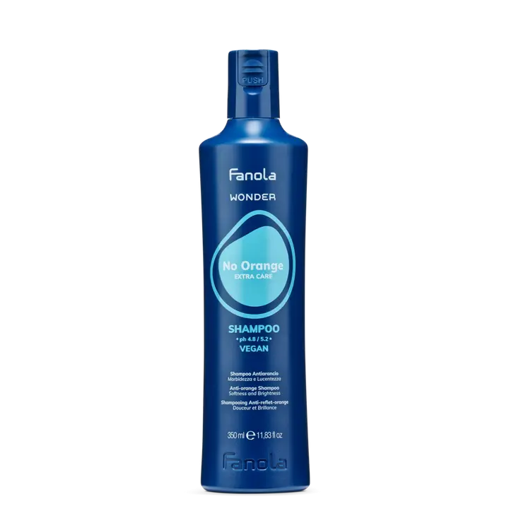 Fanola No Orange Toning Clarifying Hair Color Shampoo with Coconut Oil & Tiare Flower - Anti-Brass Blue Pigment Cleanser for High Level Blonde, Brunette & Copper Hues, 11.83 oz Liquid for Color/Chemically Treated Hair, Restores Radiance, Smooths
