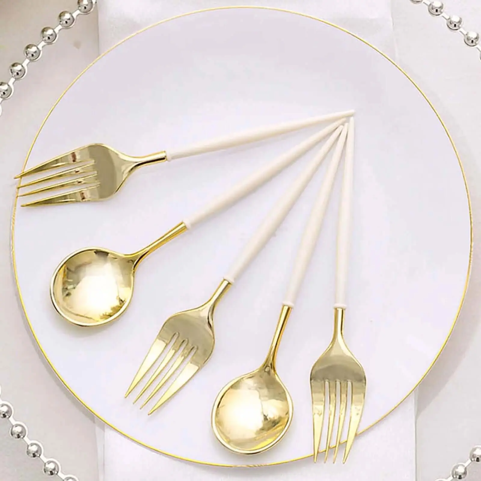 24-Pack Gold/Ivory Disposable Plastic Fork and Spoon Set, Heavy-Duty 6" Modern Utensils for Wedding, Home & Festive Party Supplies