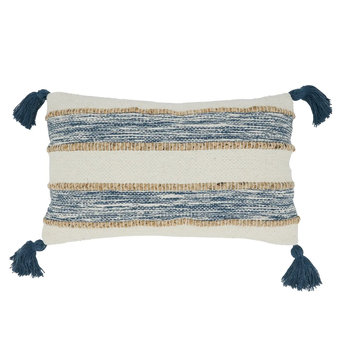 12" x 20" Navy Blue Cotton-Jute Mix Oblong Down-Filled Throw Pillow, Striped Design, Tasseled Corners