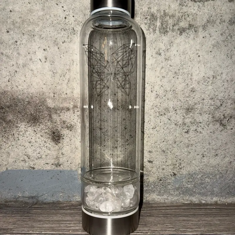 Quartz Crystal Stone Water Bottle - Clear Glass with Butterfly Design, Silver Base, and Clear Quartz Stones