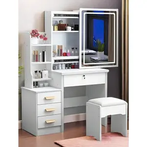 34.8" Elegant White Makeup Vanity Desk With Sliding Lighted Mirror & Touch Control 3-Color Adjustable Lights, 4-Drawer Dressing Table Set With Stool, Storage Shelves – Modern Space-Saving Vanity Table For Bedroom