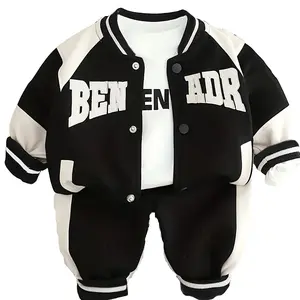Men's Baby and Children's Spring and Autumn Fashion Splicing Hoodie Baseball Jacket 3-Piece Set