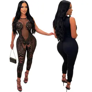 Black Sparkly Jumpsuit - Sleeveless Spandex Top with Sequin Details & Matching Trousers - Sexy Women's Wear for Comfort