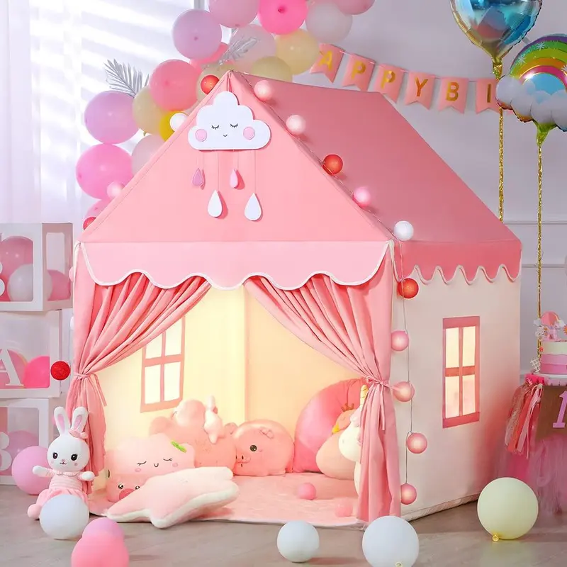 JungleDove Kids Pink Fairy Princess Castle Play Tent for 4-6 Yrs Girls (44.49×30.31×45.28 in) - Soft Plush, Sturdy Fabric, Portable Play Area, Cloud & Raindrop Decor, Playroom Cozy Nook, Kids Stuff for Girls, Birthday Party Gift,familyfun