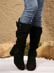 Women's Mid-Calf Pointed Toe Boots with Dual Buckle Decorations, Faux Suede Casual Style, Side Zipper Design, Comfortable All-Day Wear