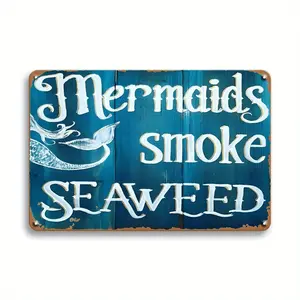 1pc Vintage Mermaids Smoke Seaweed Metal Tin Sign, 12x8 Inch Retro Wall Art Plaque, Charming Nautical Decor for Bedroom, Home, Cafe, Garden - Wall Hanging, No Electricity Needed