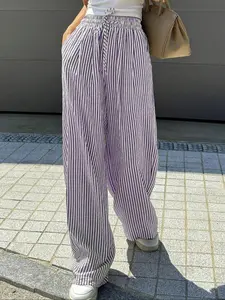 Women's Striped Print Adjustable Drawstring Waist Wide Leg Pants, Casual Chic Pocket Trousers for Daily Wear, Ladies Bottoms for All Seasons