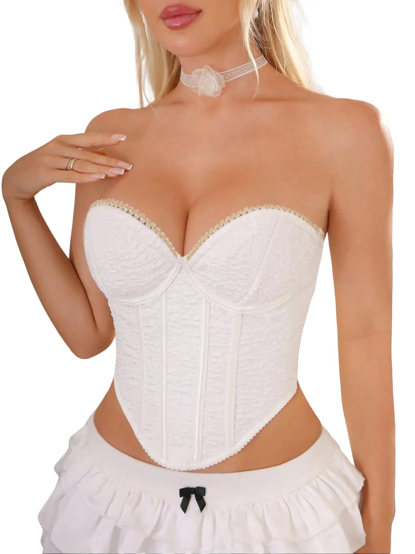Bridal White Lace Bustier - Pearl Trim Strapless Medium Bralette Corset for Wedding & Honeymoon