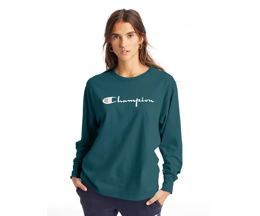 CHAMPION Women's Boyfriend Fit Long Sleeve Graphic T-Shirt - Script Logo Design, Casual & Activewear Top