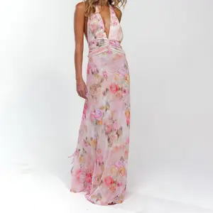 Women Long Dress, Sleeveless Halter Dress Backless Flower/Dots Print Summer Cocktail Dress Casual Light sundress Cotton Candy Outfit Beach Outfits #TiktokShopBacktoSchool