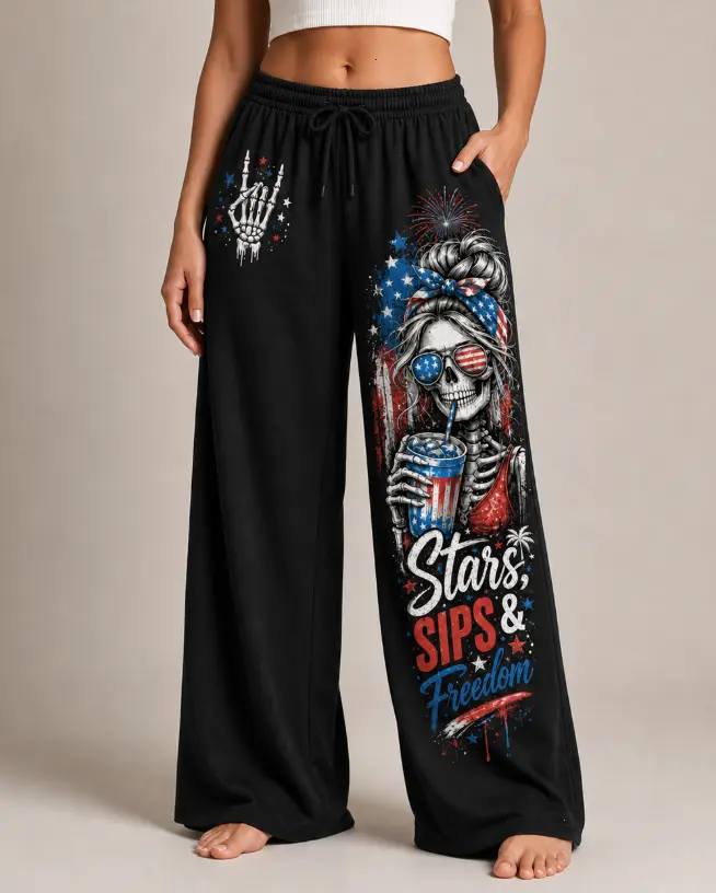 4th of July Pants, Patriotic Skeleton Pants, Women Wide Leg Pajama Pants, Stars Sips & Freedom America Lounge Pants, Independence Day Outfit