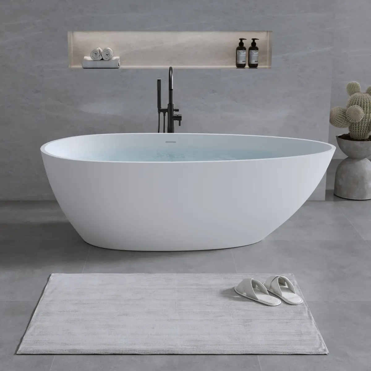Family-Friendly Family-Friendly 59'' Solid Surface Matte Tub, Freestanding Solid Surface Resin Stone Bathtub, Solid Surface Matte White Soaking Tub,Free Standing Tub With Overflow And Pop-Up Drain, Matte White