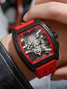 Men's Hollow Out Watch, Bucket Shape, Multi-Color Silicone Strap, Mechanical Style Quartz Movement Wristwatch, Single Piece, Fashionable Timepiece