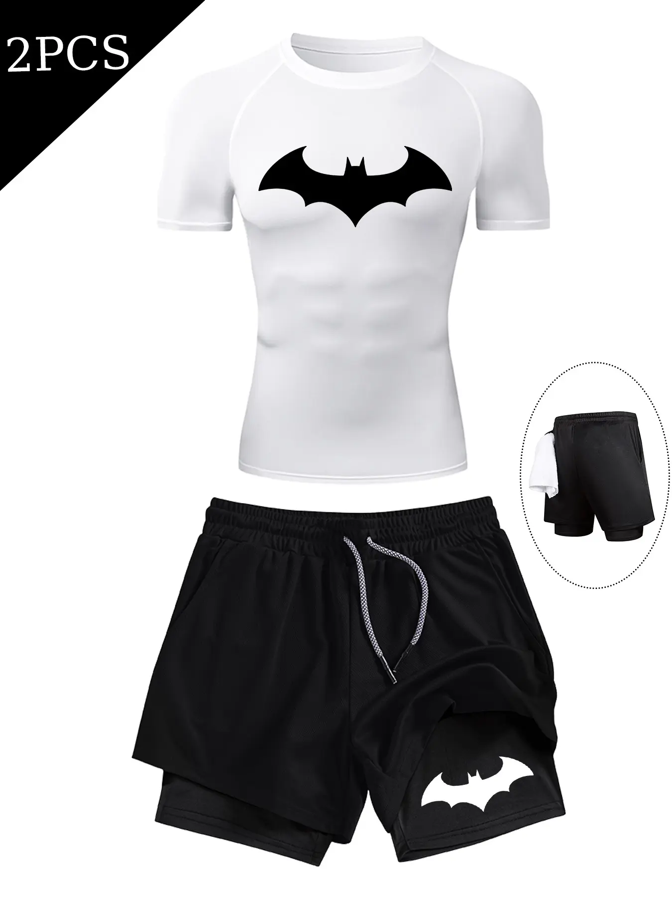 Men's Bat Print Quick-Dry Fitness Two-Piece Set, Activewear Fitness Outfit, Athleisure Workout Set, Round Neck High Stretch Tight Top, Drawstring Pockets Short Pants, Basketball Running Training Gear