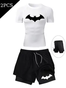 Men's Bat Print Quick-Dry Fitness Two-Piece Set, Athletic Apparel, Round Neck High Stretch Tight Top, Drawstring Pockets Short Pants, Basketball Running Training Gear