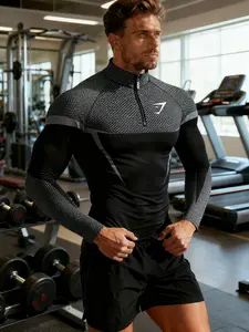 1 piece Men's Long-sleeve Tight-fitting Top with Half-zip and Stitched Texture, Functional Sportswear, Workout Sportswear, Athletic sports clothing, Elastic and Breathable Training Clothing, Suitable for Fitness Training and Street Wear