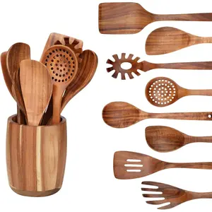 9 PCS Kitchen Utensils Set - Wooden Spoons for Cooking, Natural Teak Utensils - Includes Wooden Spoons, Spatula Set- Handmade Spoon Bamboo Silicone
