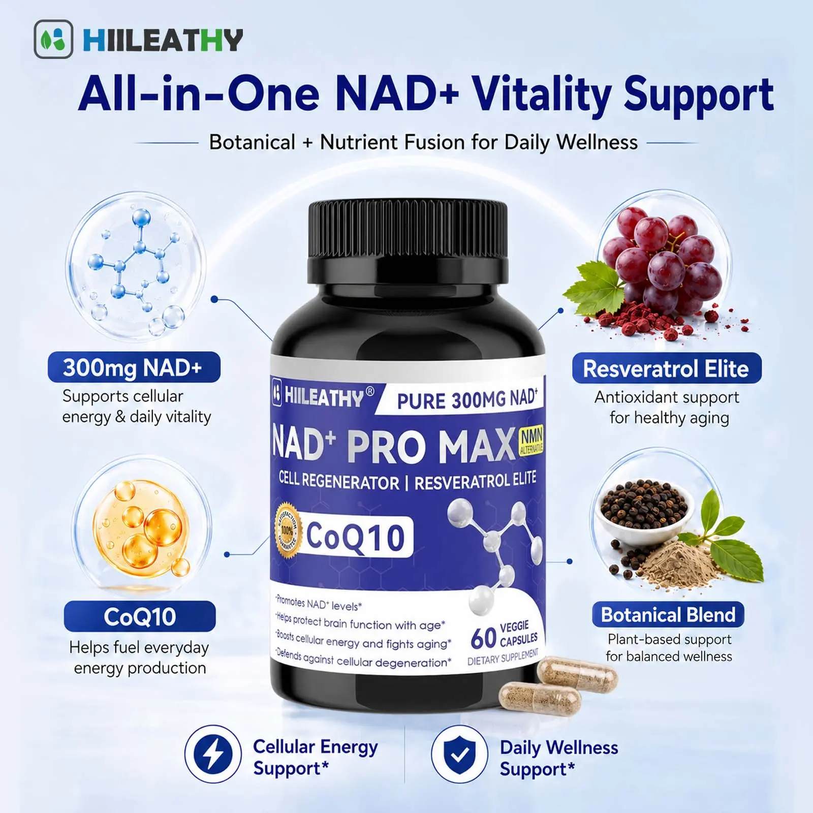 HIILEATHY NAD+ Pro Max Vitamin Supplement - 300mg Pure NAD+, CoQ10, Resveratrol Shield, Pepper Extract - GMO-Free Veggie Capsules, Energy Boost, Antioxidant Support - 60 Capsules by Optimal Nutrition Enterprise Inc, Made in USA